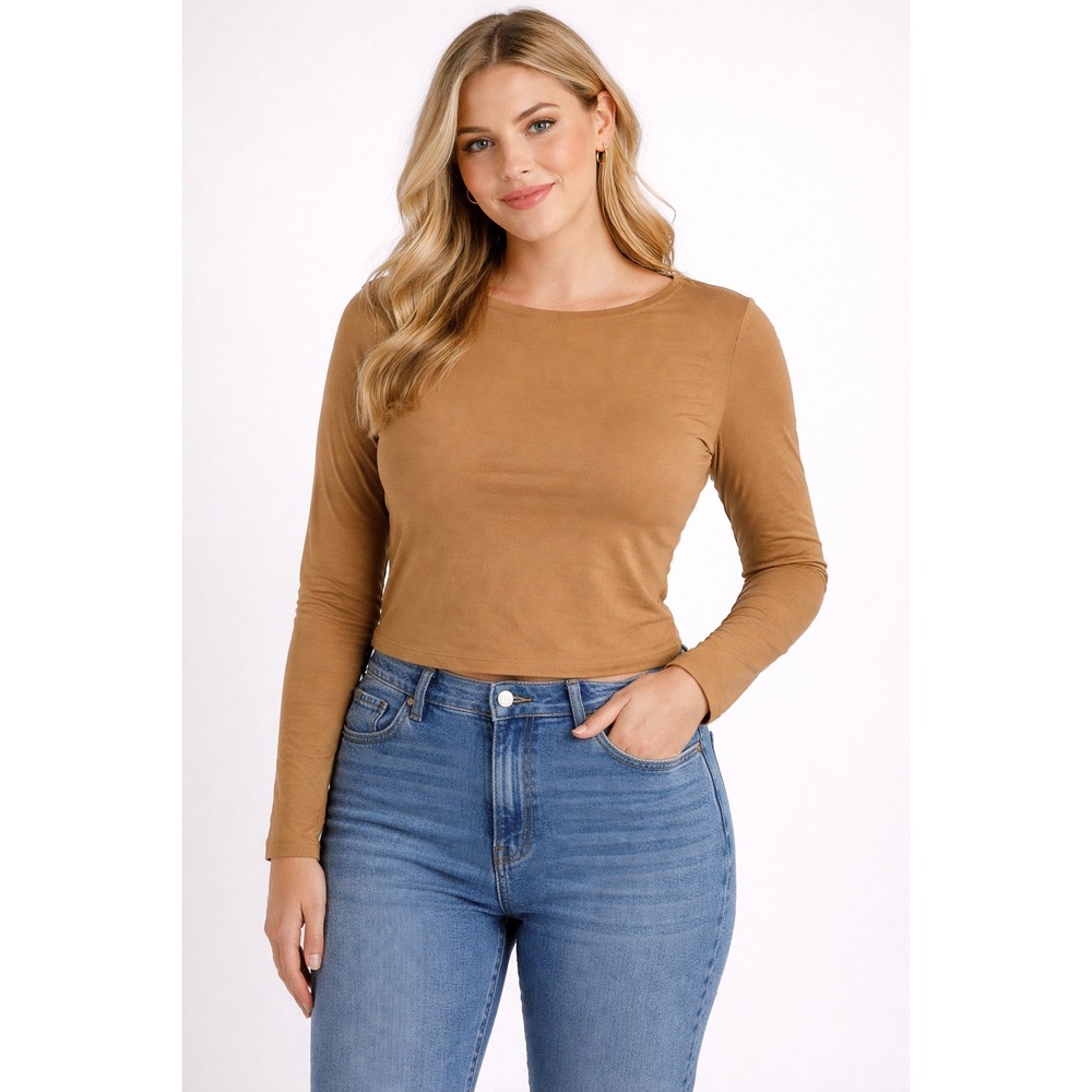 Ambiance Crop Top Medium Camel Brown Boatneck Long Sleeve Minimalist Y2K Chic